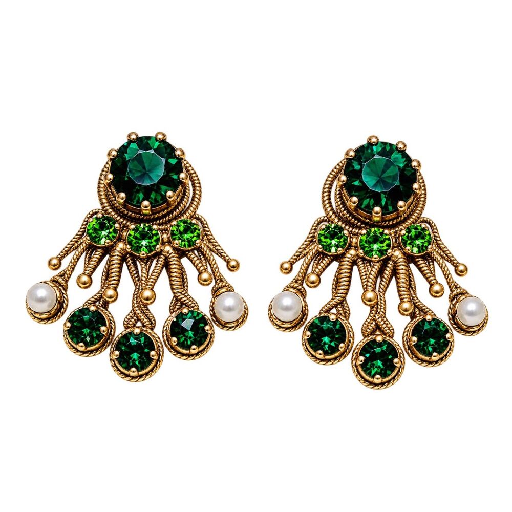 Vintage Austrian Green Crystal Seed Pearl Gold Tone Filagree Clip On Earrings